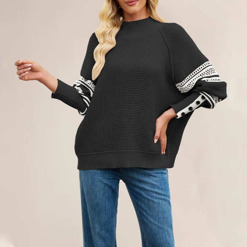 

Pullovers Women Sweaters Knitted Mock Neck Full Sleeve Jumpers Y2k Streetwear Elegant Splice Knit Thick 2025 Autumn Winter