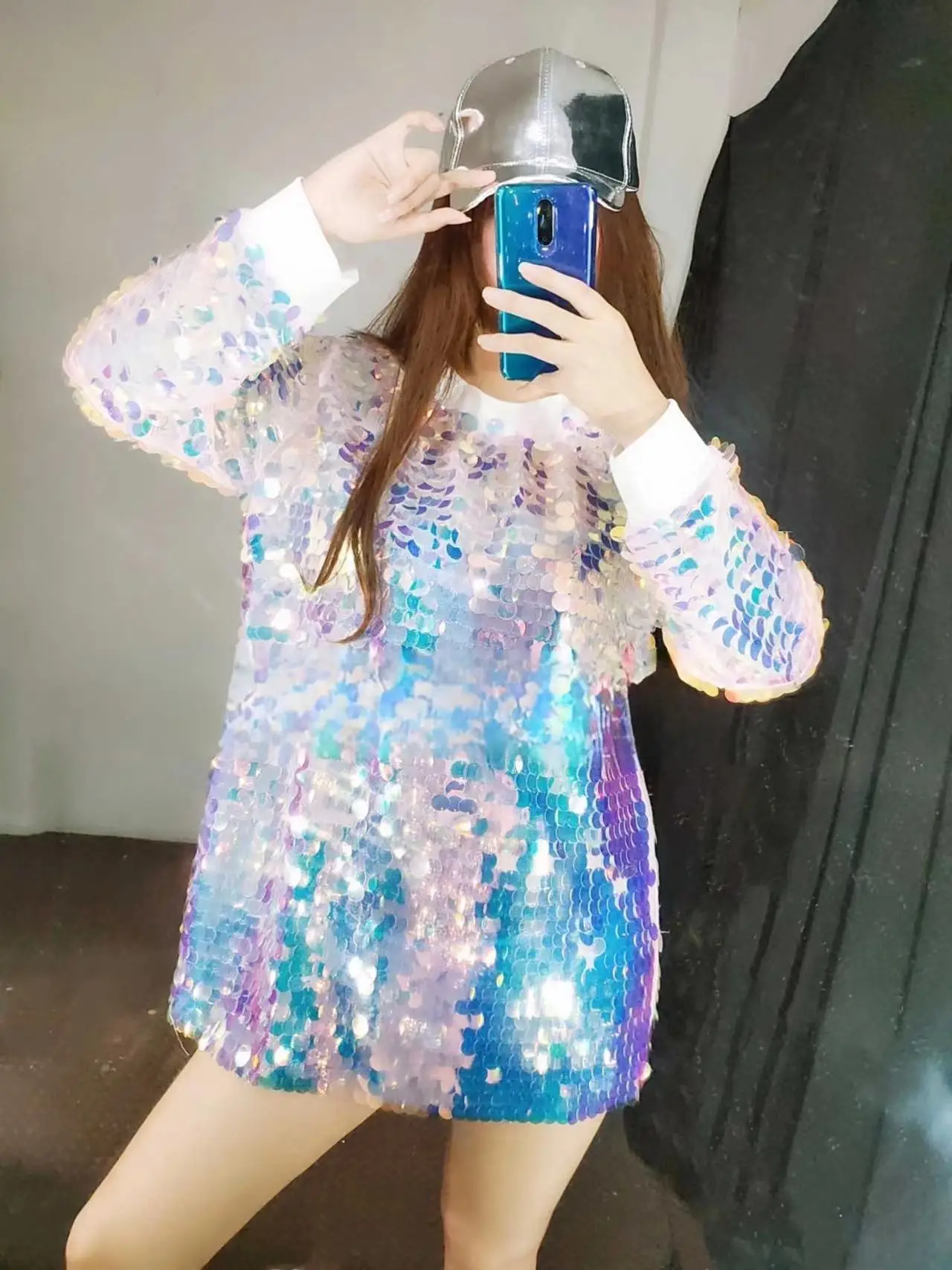 

Sparkling Colorful Sequins Big T Shirt Female Singer DJ Performance Costume Jazz Dance DS Nightclub Bar Hip Hop Stage Streetwear