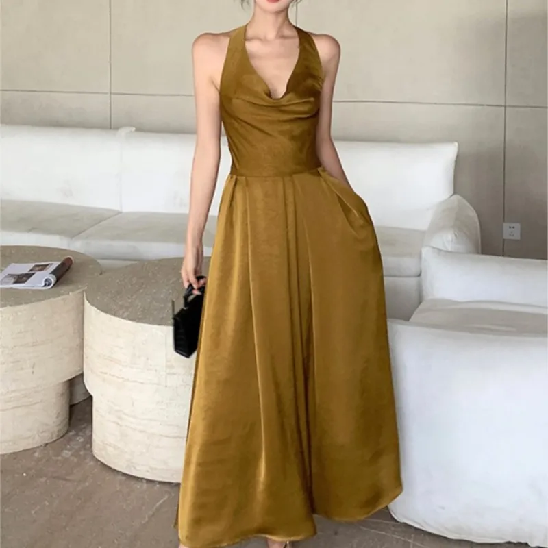 Swing neck hanging halter new light luxury waist temperament long dress