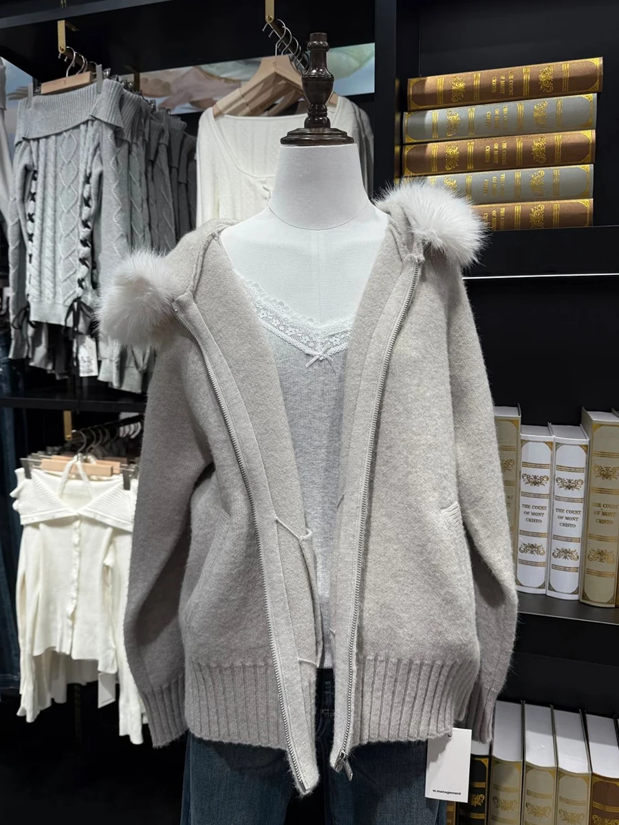 

Fur Collar Hooded Sweater Cardigam Woman Winter Zipper Long Sleeve Knitted Hoodie Solid Casual Simple Sweet Warm Sweaters Coat