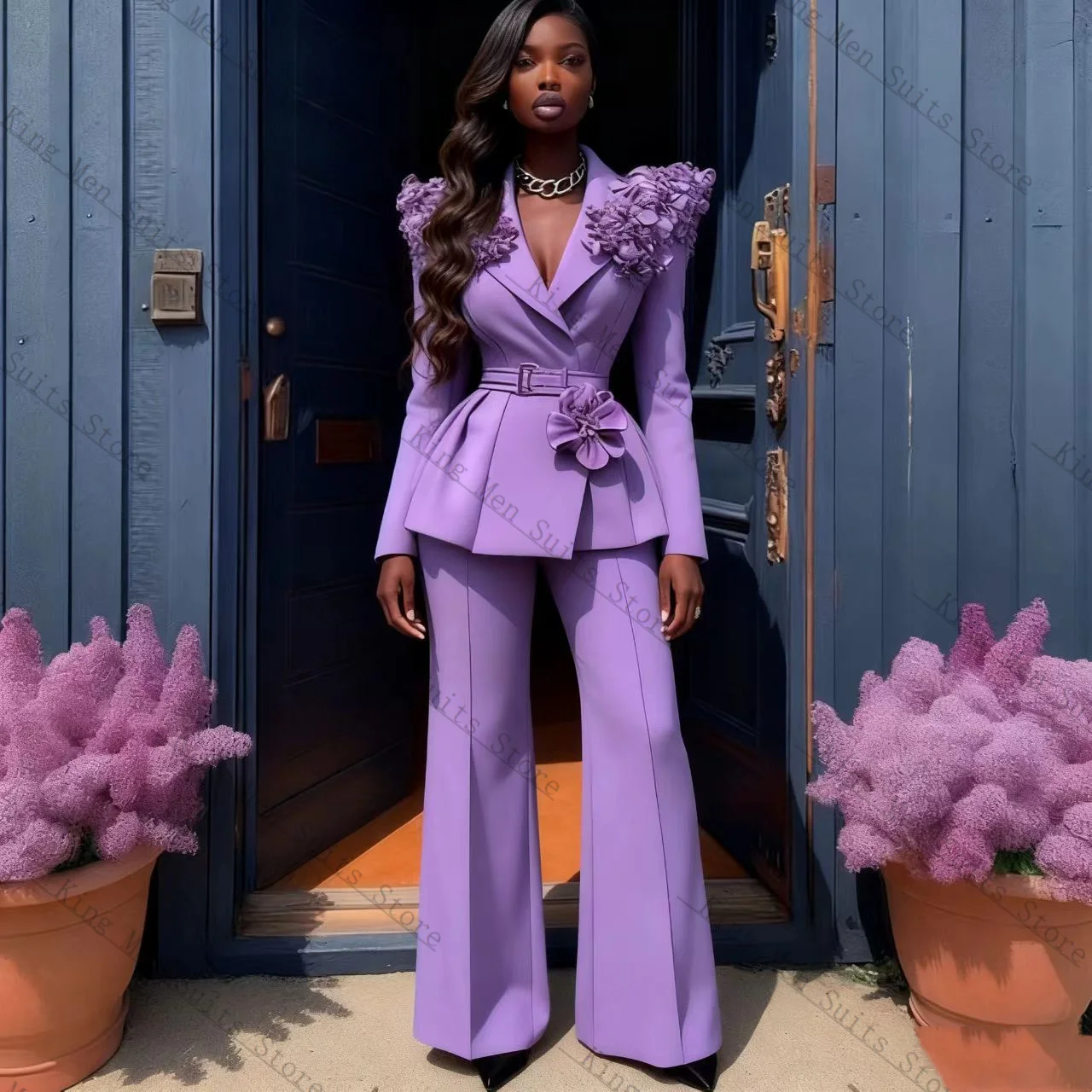 

Purple Women Suit Set 2 Pcs Blazer+Loose Pants Trousers Belted 3D Flower Customized Formal Guest Wedding Tuxedos Coat Jacket