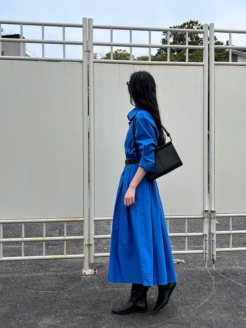 ผู้หญิงเสื้อโปโลคอปกชุดฤดูใบไม้ผลิแขนยาวผ้าฝ้ายเอวสูงจีบกระเป๋า Midi ชุดกับเข็มขัด