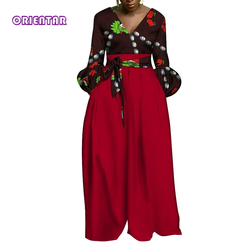 African Women Traditional Outfit 2 pcs Fashion Wide Leg Long Pants Trousers + V-neck Top plus size matching sets WY3163