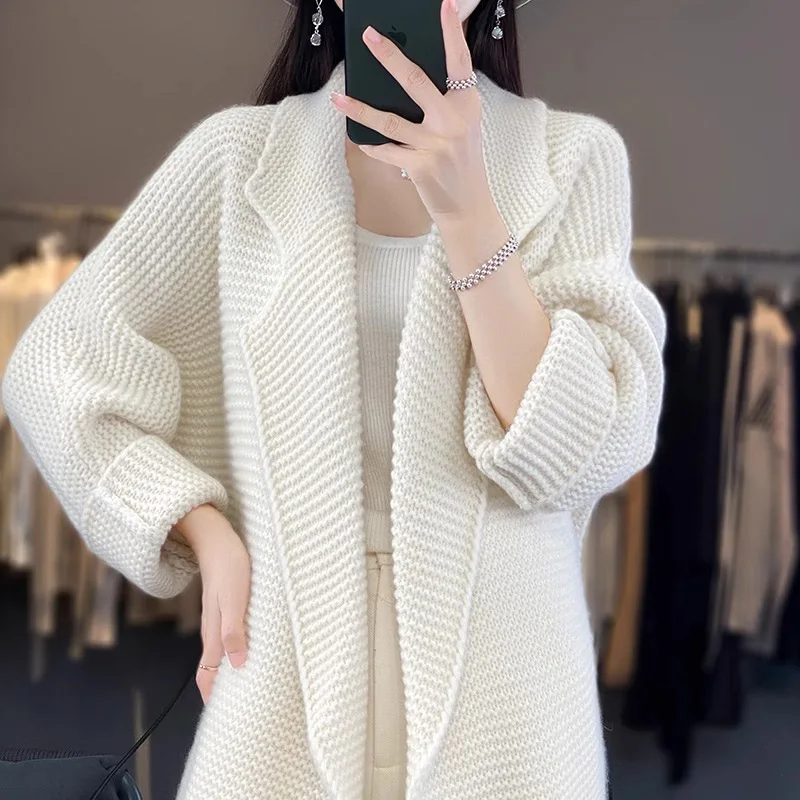 Women Clothes Cashmere Cardigan Winter Solid Thickened Knit Sweater Loose Simple Casual Thick Belt All-match Tunics