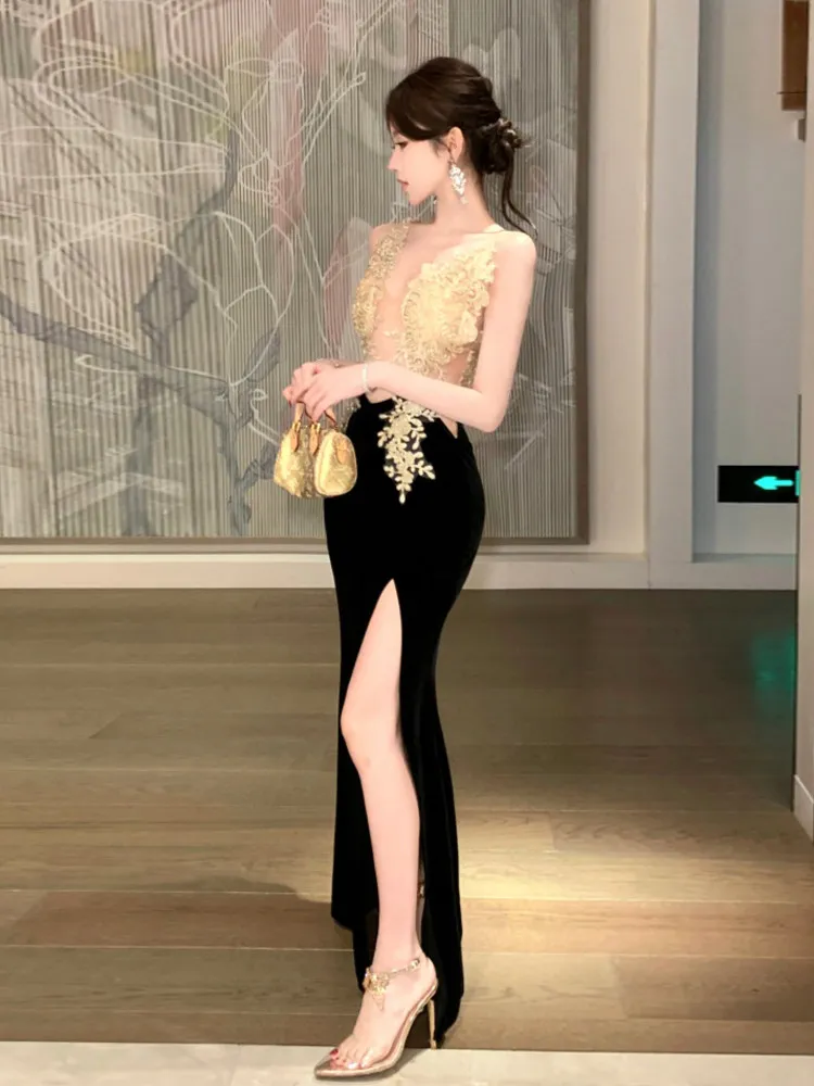 Luxury Black Velvet Cocktail Dress For Women High-end Sheer Lace Embroidery Side Slit Formal Party Lady Gown Art Aesthetics Clot