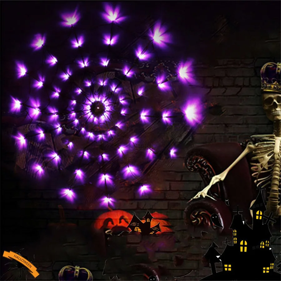 Halloween Decoration 70LED Spider Mesh String Lights Outdoor Waterproof Remote 8 Modes Horror Net Lamp for All Saints' Day Party