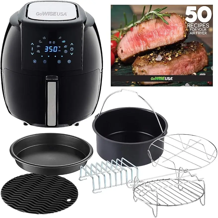 

GoWISE USA GWAC22003 5.8-Quart Air Fryer with Accessories, 6 Pcs, and 8 Cooking Presets + 100 Recipes (Black), Qt