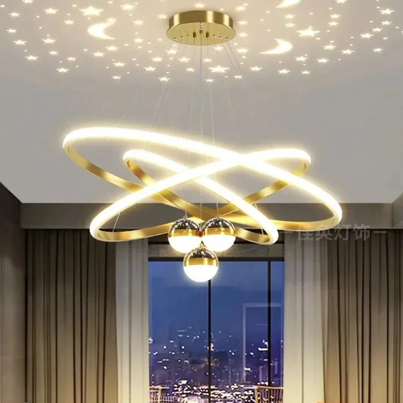 

Led Chandelier Starry Sky Projection Lamps For Living Room Black Pendant Lights Remote Control Hanging Golden 40-60-80cm Lights