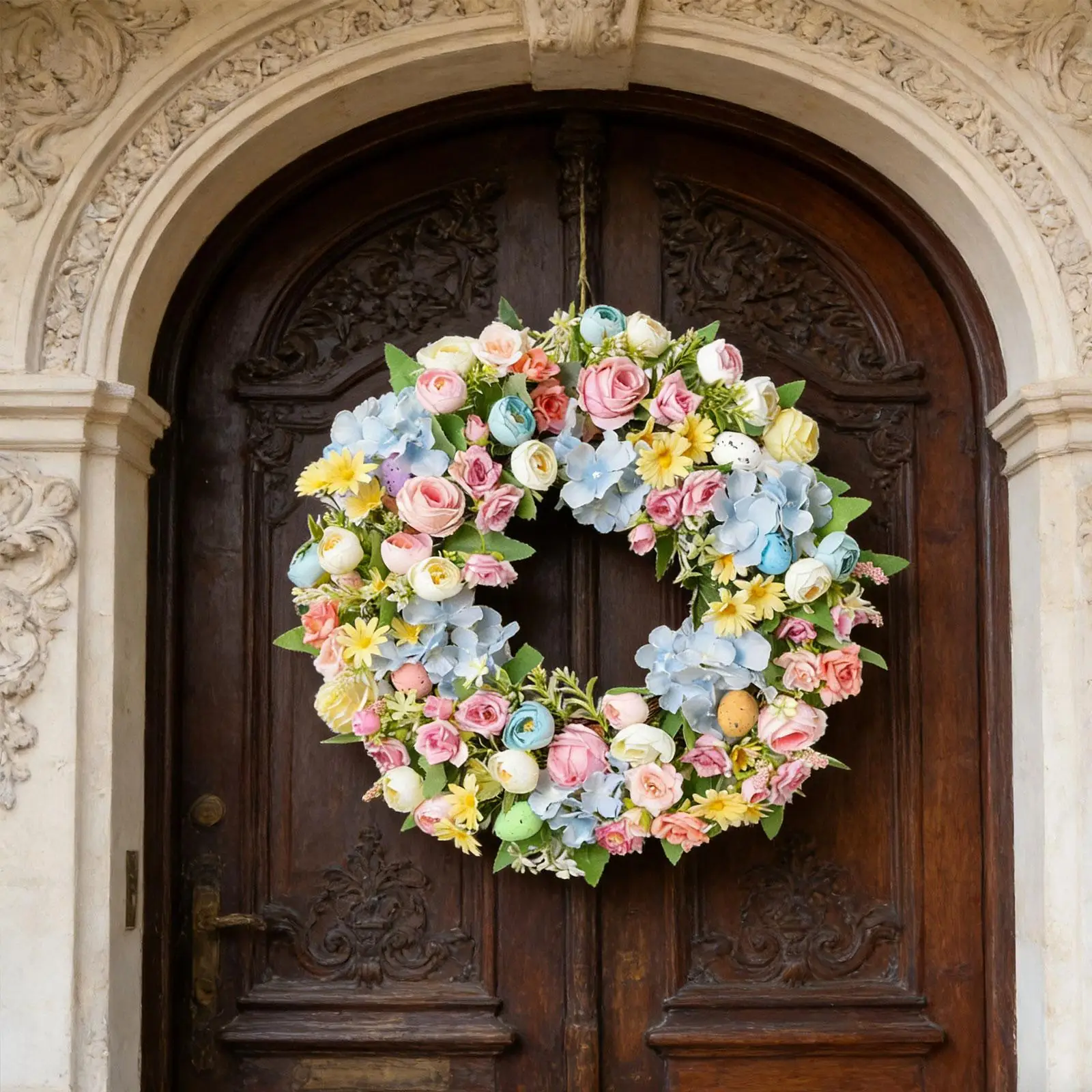 

Весенний красочный венок из зелени и листьев, подвесное украшение для стены в стиле фермерского дома, на Новый год