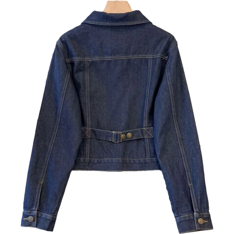 Vintage Washed Dark Blue Short Denim Jacket Women Autumn New Loose Turndown Collar Long Sleeve Cowboy Outerwear Jaqueta Feminina