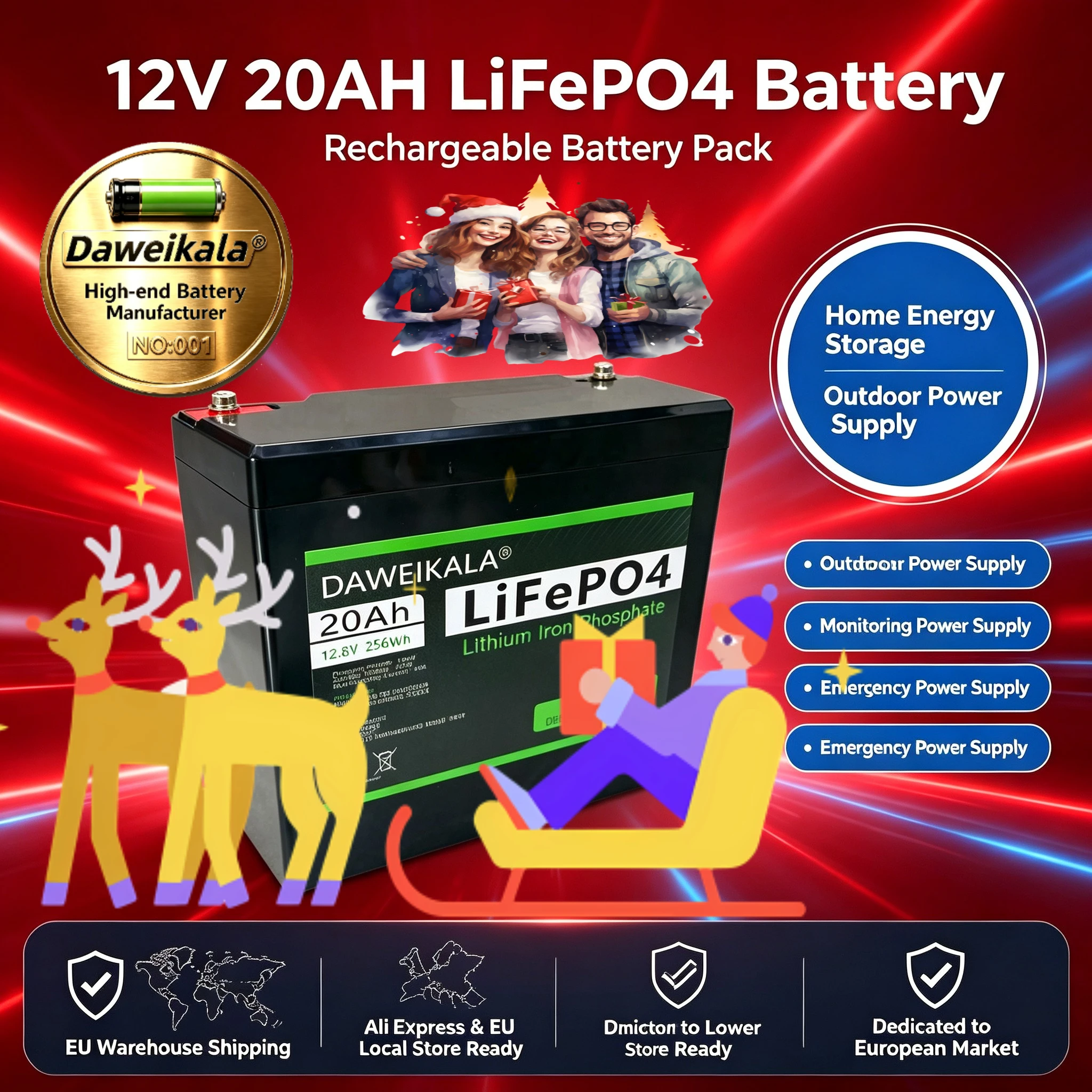 Akumulator LiFePO4 Daweikala 12V 20Ah, akumulator litowy do ładowania, przeznaczony do magazynowania energii w domu, zasilania urządzeń na zewnątrz, systemów monitoringu, jako źródło zasilania