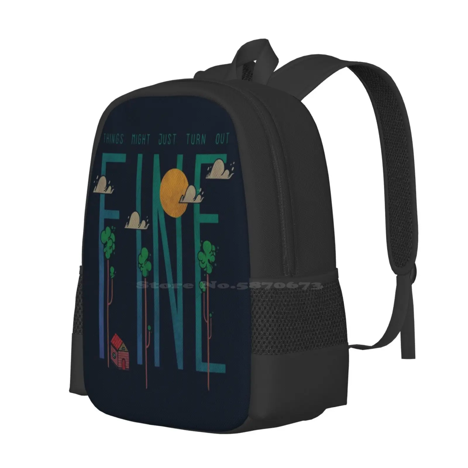 Breathe Pattern Design Bagpack School Bags Sun Fine Optimism Anxiety Cabin House Home Trees Clouds Type Typography Lettering