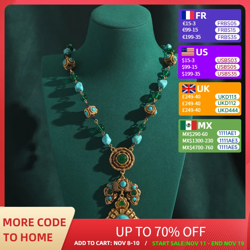 

Vintage Green Turquoise Pendant Necklace Glass Stone Inlaid Bead Chain Handmade Aesthetic Collar Bohemian Luxury Jewelry