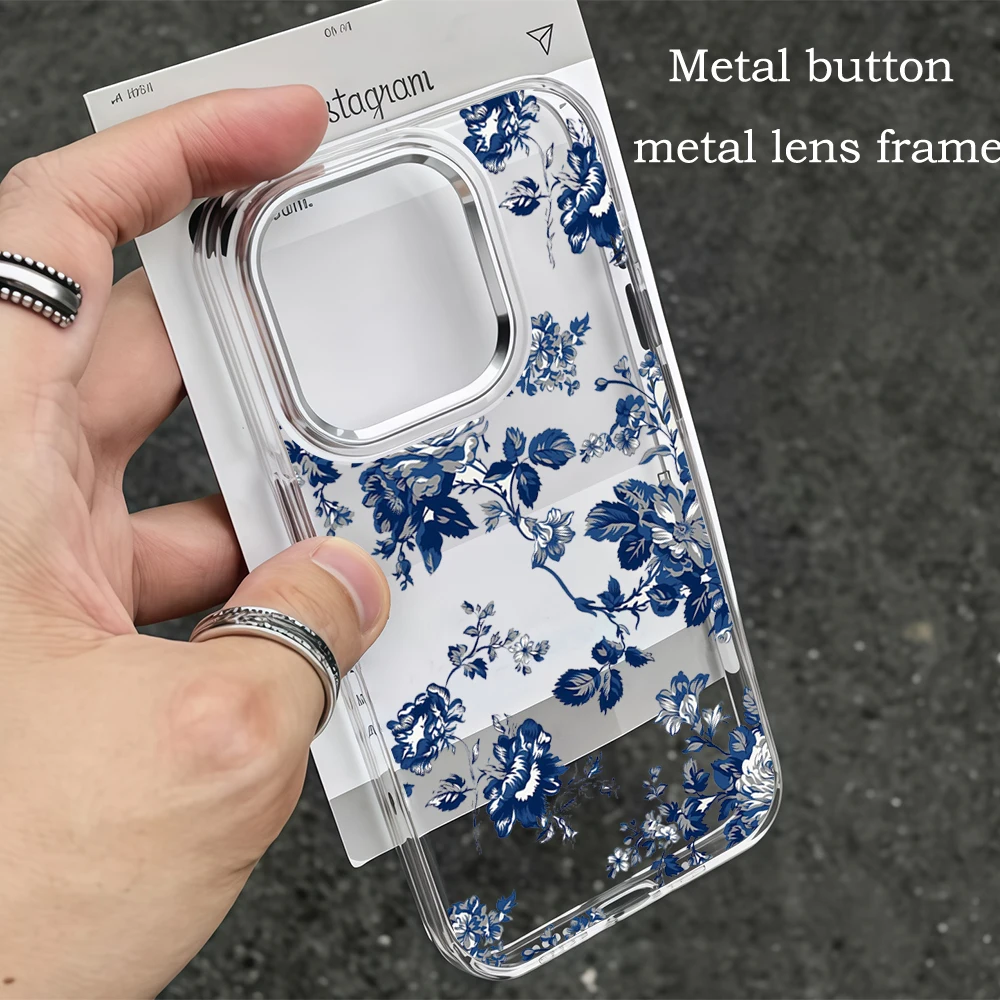 Künstlerische blaue Blumen Handyhülle für iPhone 16 15 14 13 12 11 Pro Max XS 16E Silberner Linsenrahmen Transparente Hülle