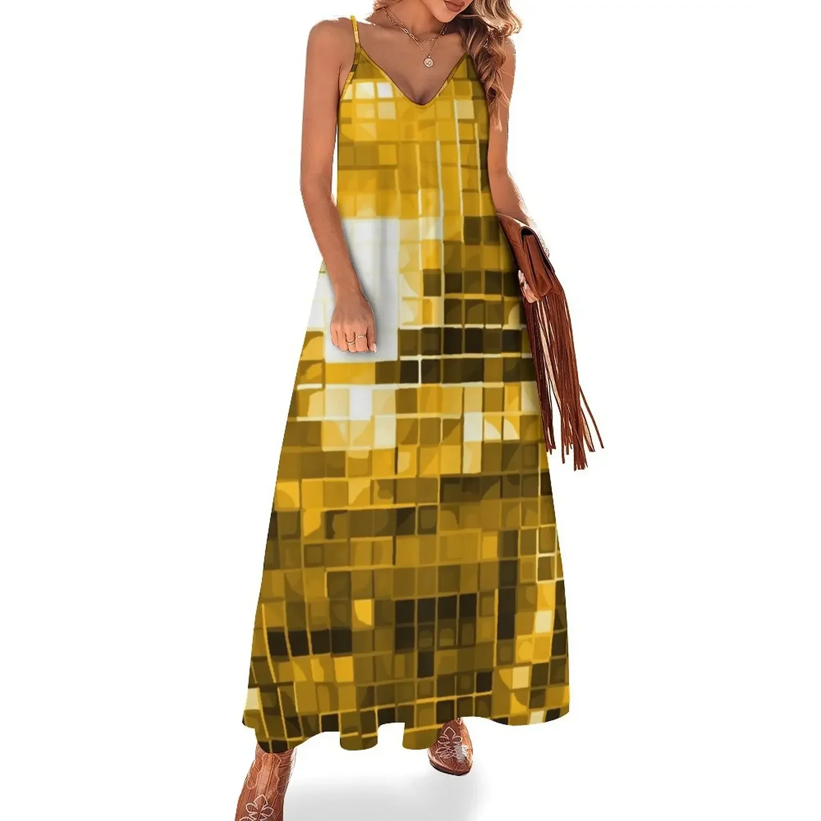 

Gold Yellow Disco Ball Pattern Sleeveless Dress women evening dress Summer skirt dresses for official occasions Dress