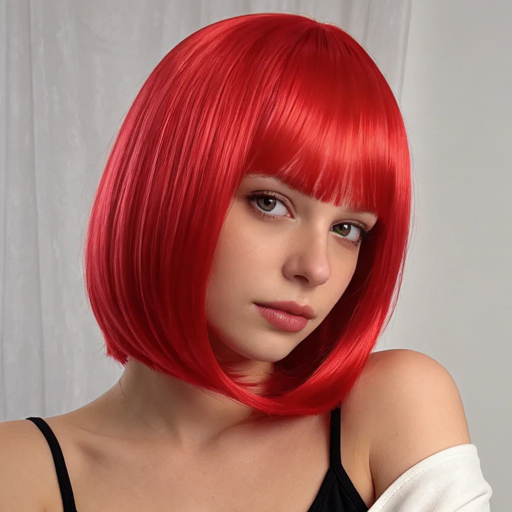 Red bob hairstyle synthetic wig for costume party Halloween cosplay role-playing wig daily high-temperature hairpiece set