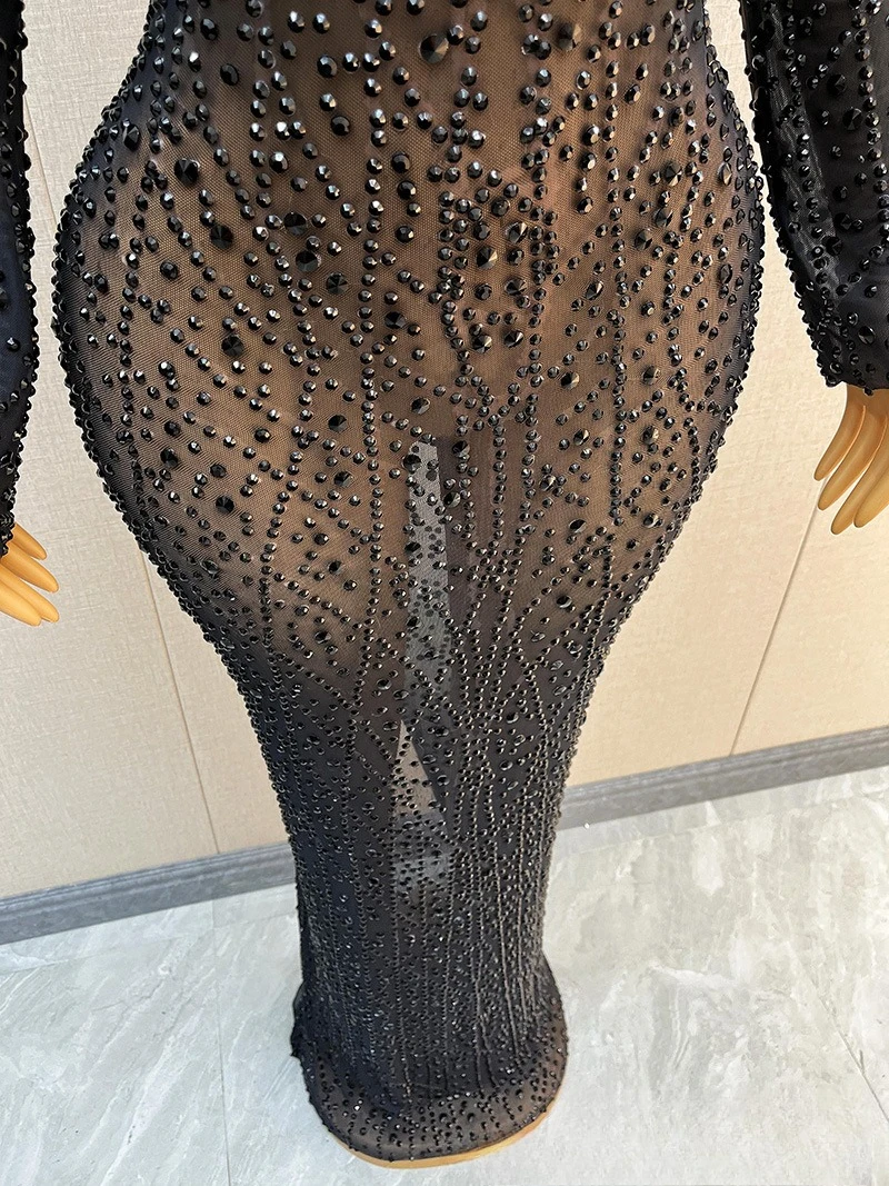 Zware industrie met diamanten ingelegde zwarte temperament taille body beeldhouwen sexy avondjurk bedrijf jaarlijkse bijeenkomst avondjurk