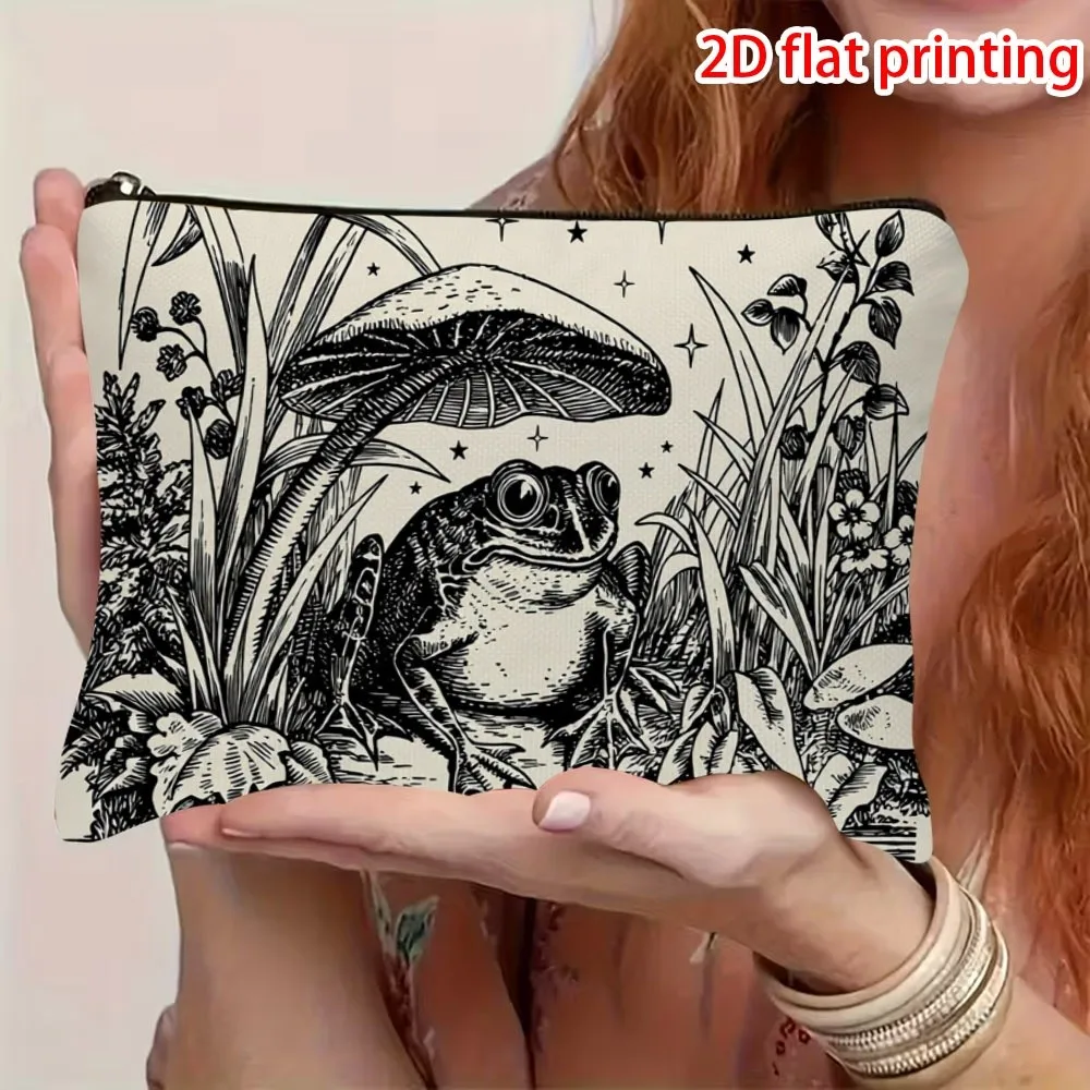Cottagecore Inspired Makeup Bag Featuring a Frog Mushrooms and a Moon Perfect for Those Who Love Vintage Dark Academia