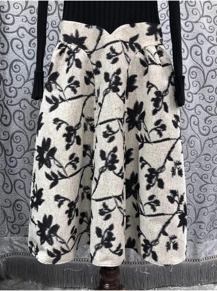 One Piece Dress 2024 Spring Fashion Design Dress High Quality Knitted Patchwork Long Sleeve Mid-Calf Slim Fit & Flare Dress XL