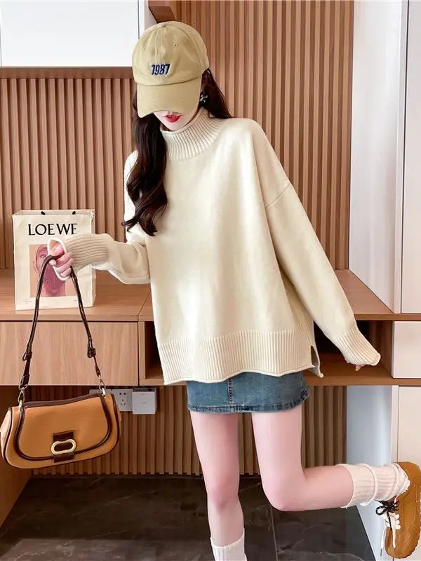 

Женский вязаный свитер с высоким вырезом, теплый свободный ленивый свитер, весна-осень, новая корейская версия, верхняя одежда на подкладке, повседневный топ