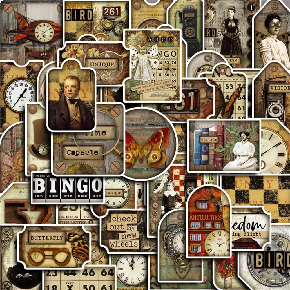 50 Retro Modern Times Age of Steam Classic European Waterproof Die-cut Sticker for Scrapbooking Collage Junk Journal Phone Case