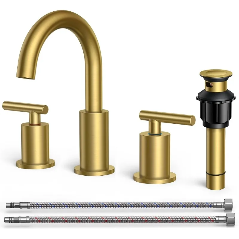 8 Inch Widespread Brushed Gold Bathroom Faucet 3 Hole, 2 Handle Gold Sink Faucet Bathroom Vanity with 360 Degree Swivel