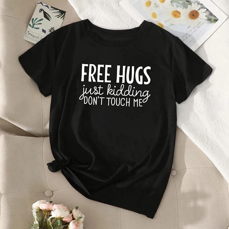 FREE HUGS Print Crew Neck Man T-shirt Casual Loose Short Sleeve Fashion Summer T-Shirts Tees Plus Size Women's Clothing Men Tops