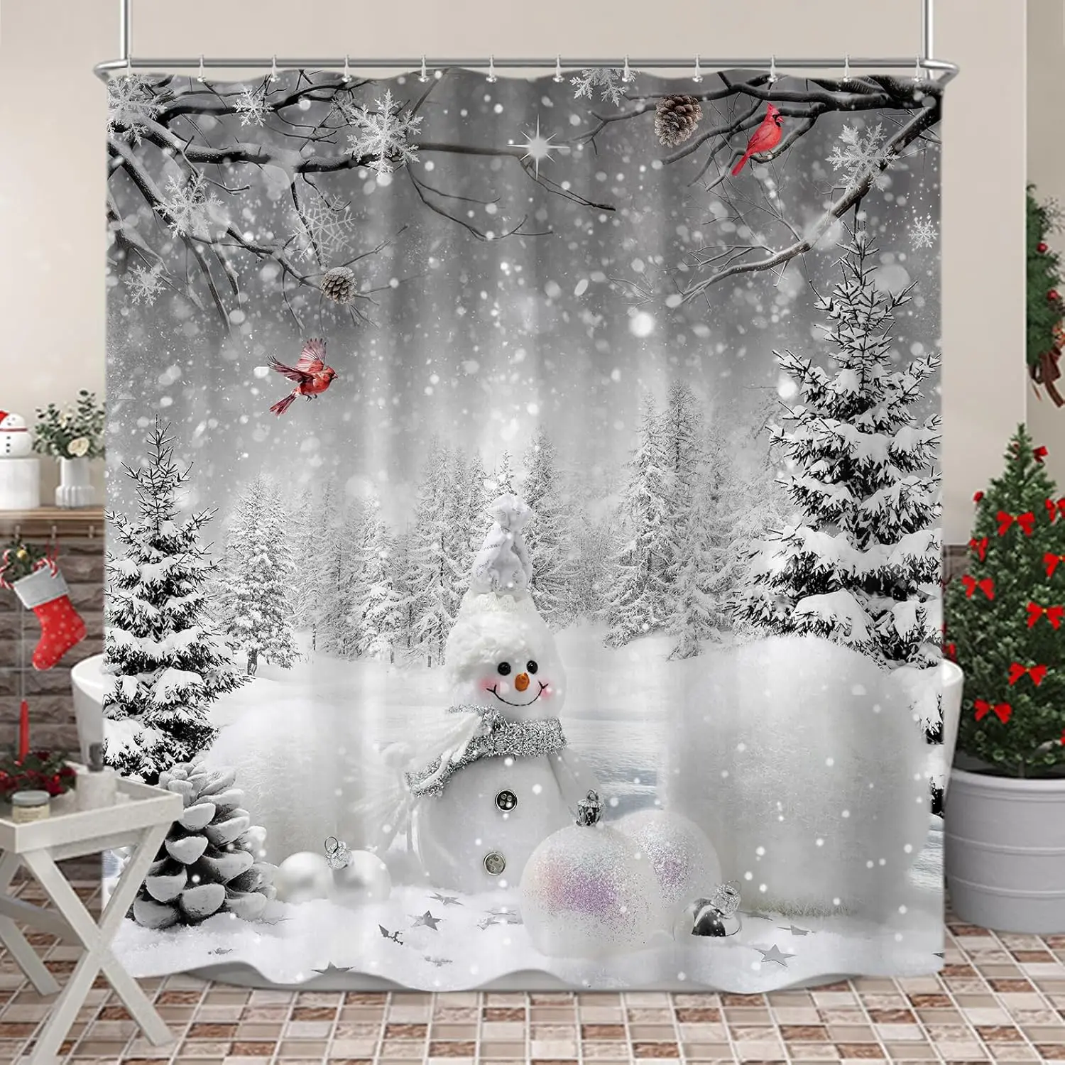 Christmas Snowman Shower Curtain, Grey Winter Forest Cardinal Fabric Shower Curtains Set for Bathroom Decoration with Hooks