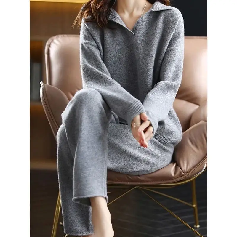 

Свободный вязаный корейский женский комплект из 2 предметов, свитер с воротником, пуловер, весенний модный повседневный удобный дышащий топ