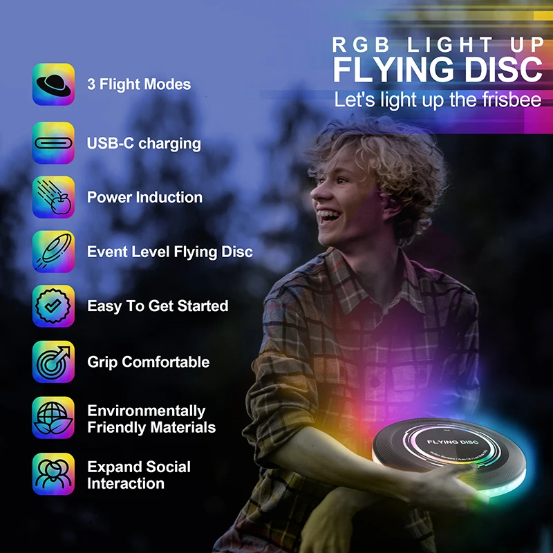 Rechargeable Sports Frisbee Outdoor Smart Mode Automatically Lights up RGB Color LEDs Flying Disc Perfect birthday Gift