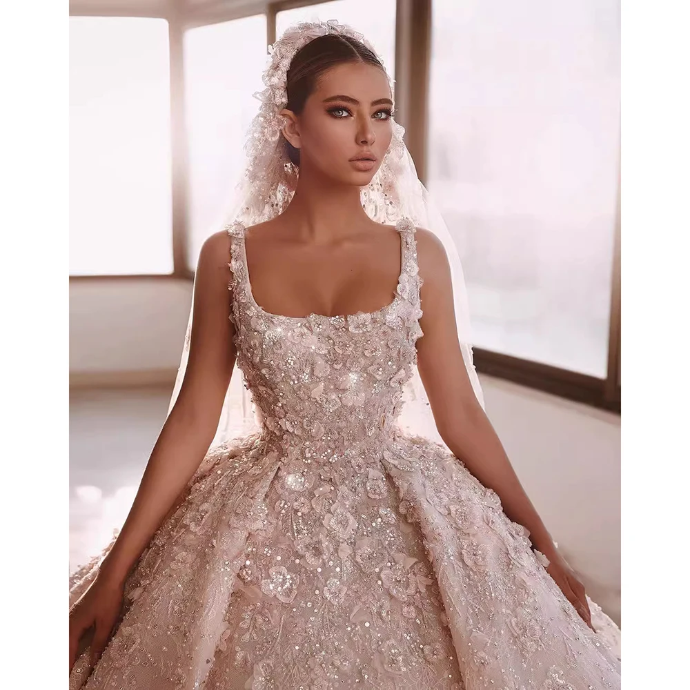 Luxury Square Collar Wedding Dresses Lace 3D Flower Beaded Spaghetti Strap  Bridal Gowns Customized Princess Bride Dresses