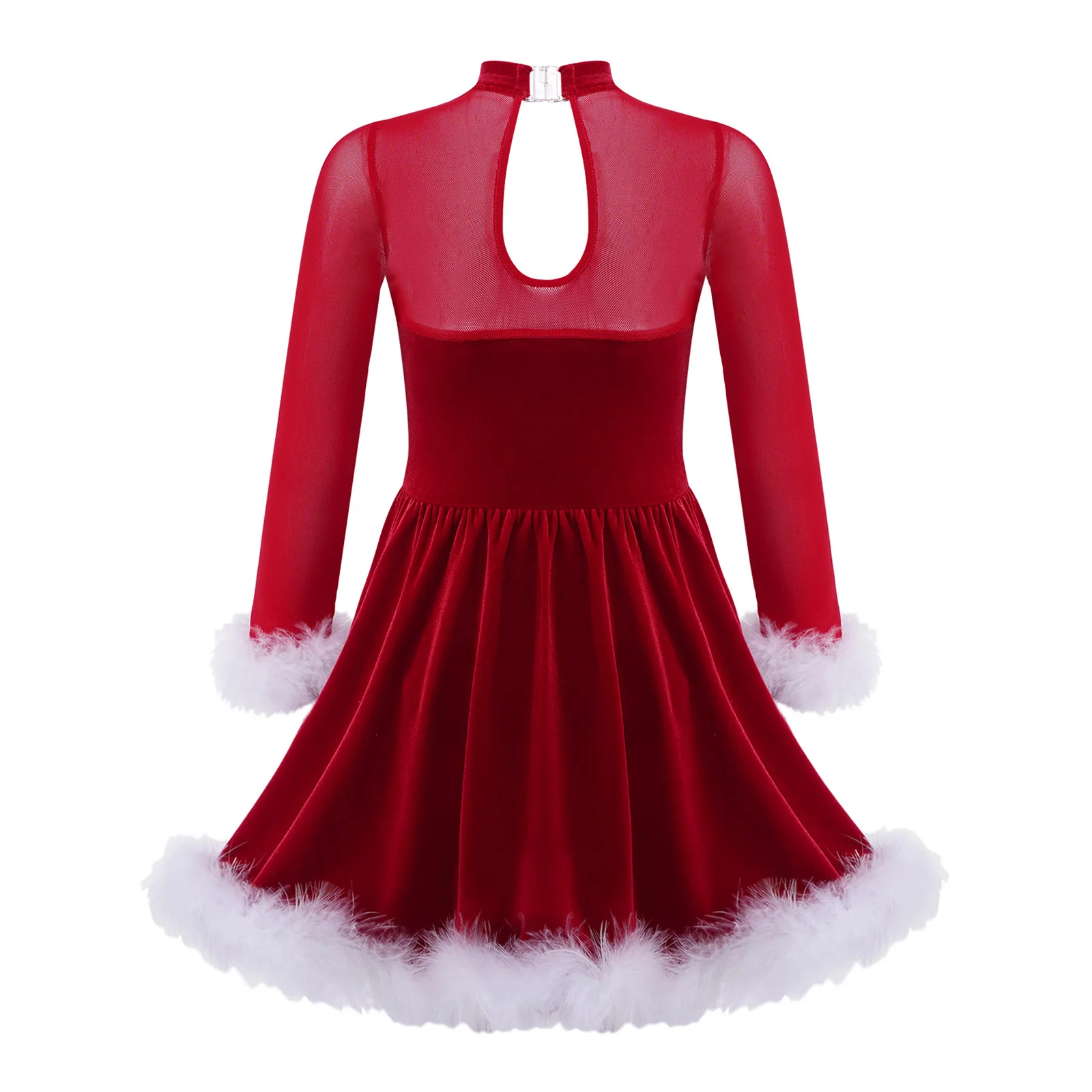 Kids Girls Christmas New Year Dress Costume Shiny Sequins Feather Ballet Figure Skating Dress for Performance Xmas Dancewear