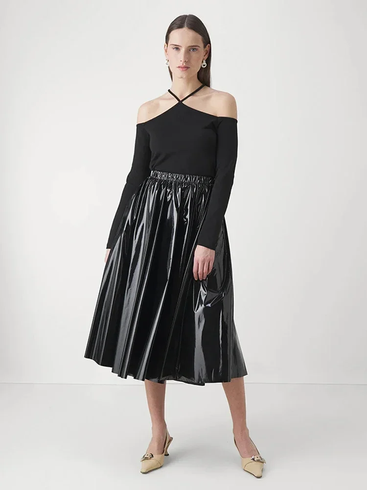 Women Glossy Patent Leather Pleated Midi Skirts Gothic High Waist PVC Flare A-Line Skirts Stretch Elegant PU Knee Length Skirts