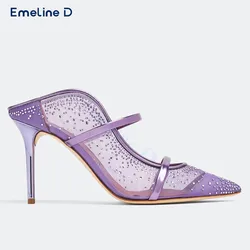 Rhinestone Mesh Pointed Slippers Slip-On Stiletto Breathable Sandals Leather One-Strap Casual Fashionable Women's Shoes