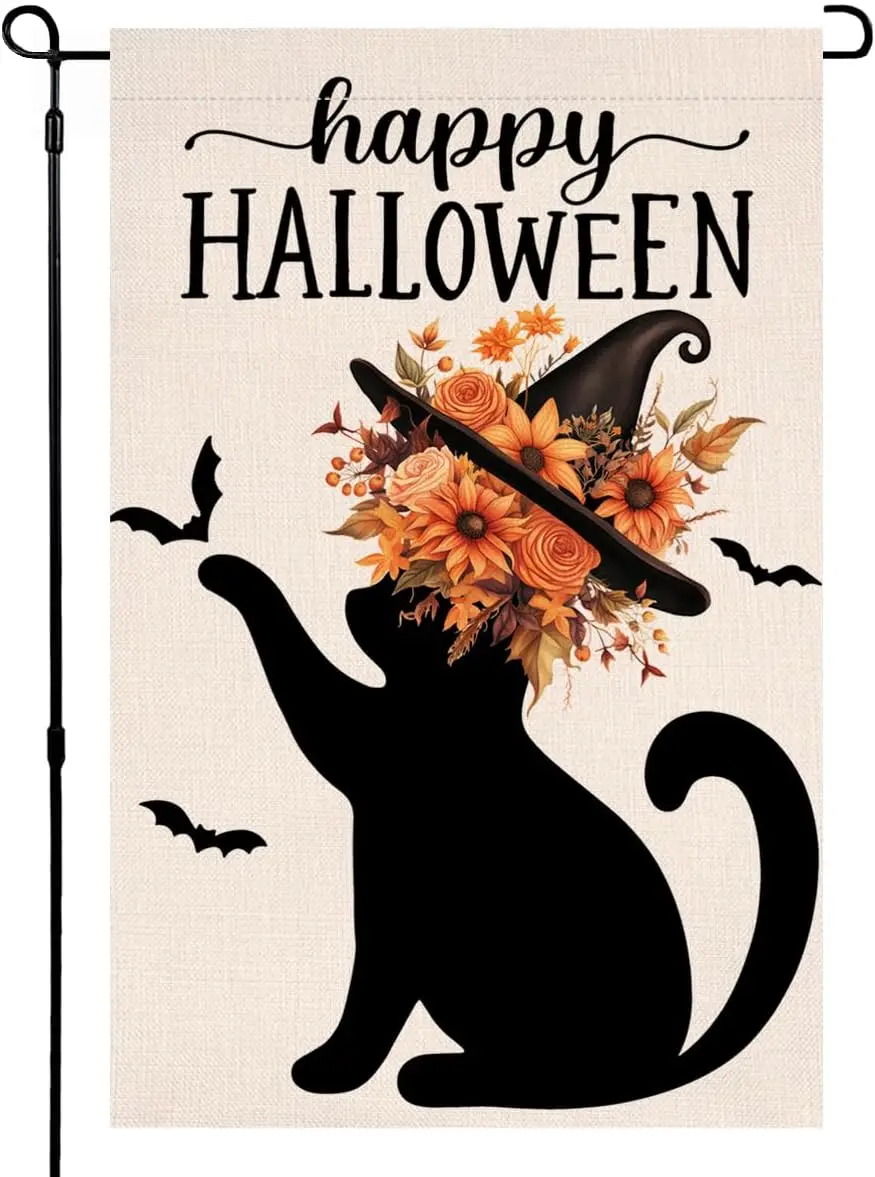 BLKWHT Happy Halloween Cat Garden Flag 12x18 Vertical Double Sided Orange Flowers Fall Holiday Outside Decorations Burlap Yard F