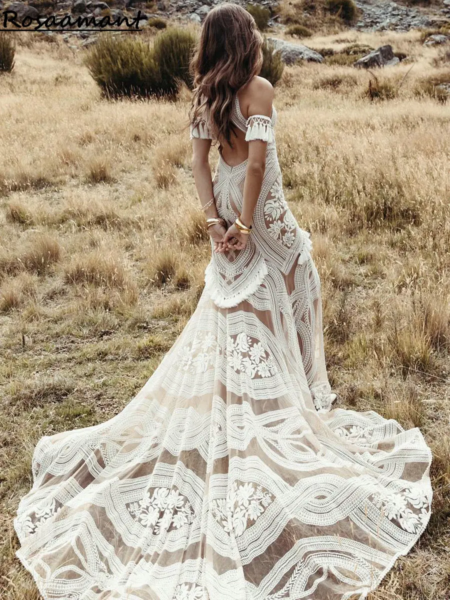 Robes de mariée sirène en dentelle bohème avec glands, licou, dos ouvert, appliques pour patients, quoi que ce soit