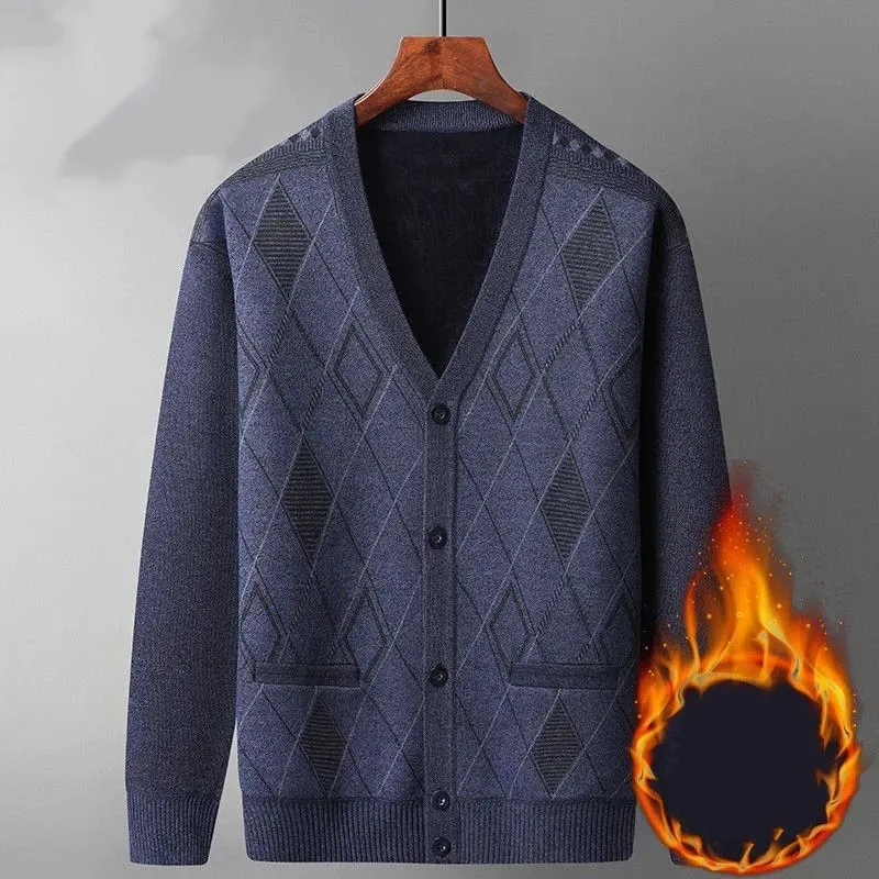 

Мужской кардиган среднего возраста с V-образным вырезом и круглым вырезом, зимнее бархатное вязаное толстое пальто, свитер на пуговицах