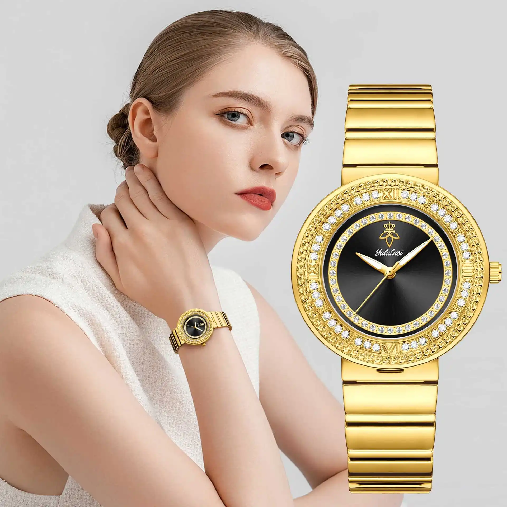 

Yalalusi gold inlaid diamond dial women's watch light luxury women's watch high-end quartz fashion hot selling cross-border
