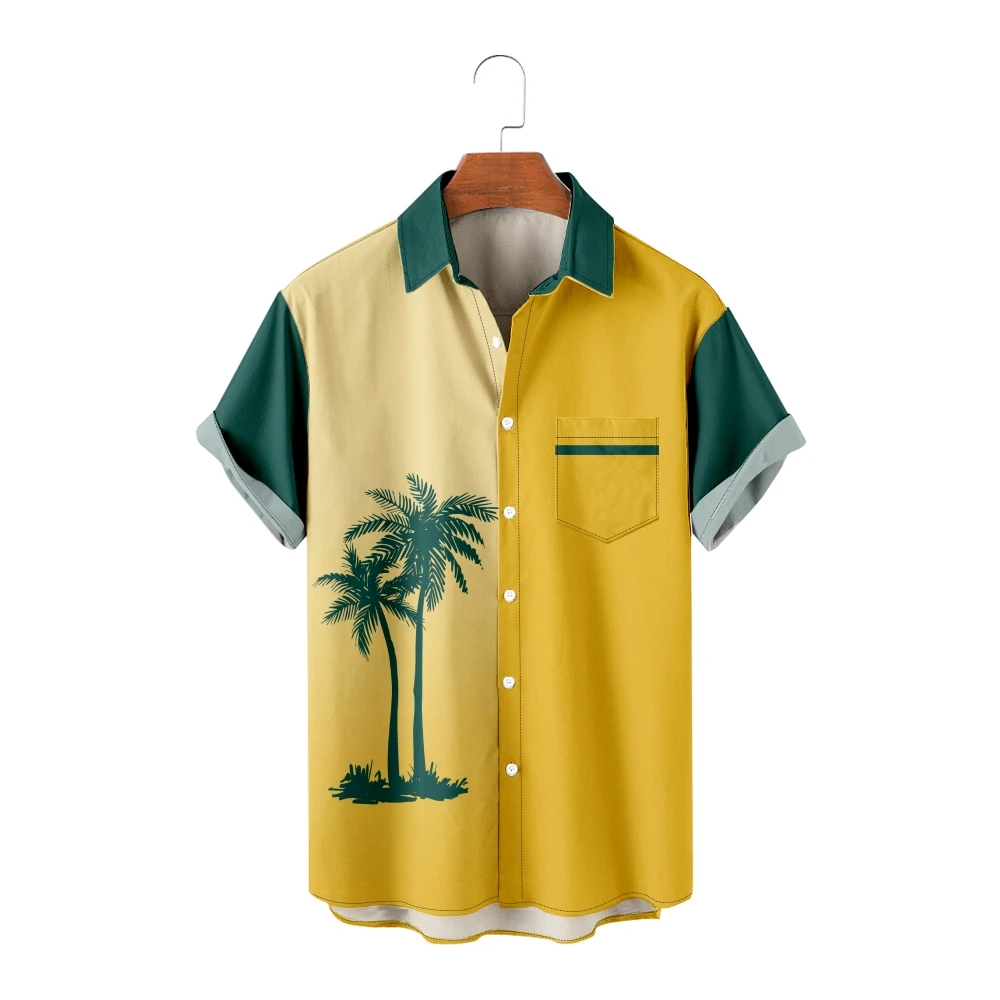 

Hawaiian Shirts for Men Splicing Design Coconut Tree Pattern Yellow Short Sleeve Summer Beach Vacation Shirt