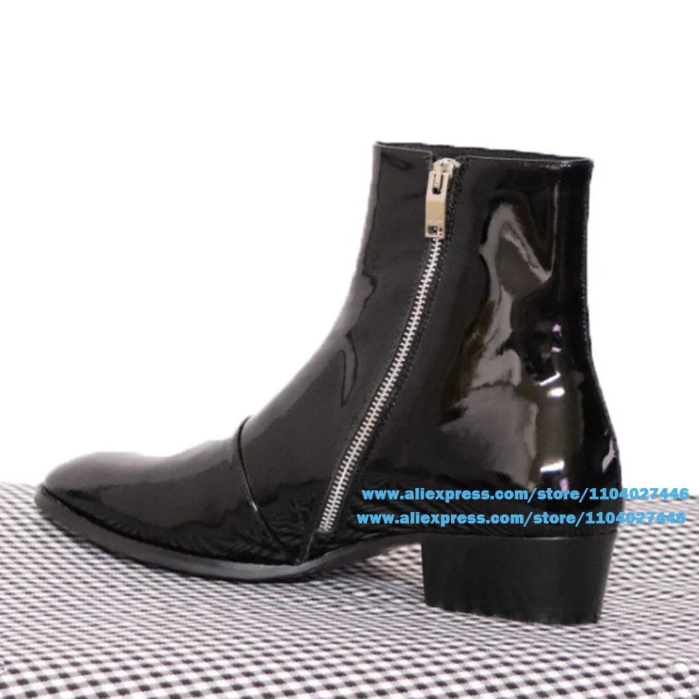 

Shiny Patent Leather Mid Top Men's Boots Fashion Trend Pointed Toe High-Heeled Side Zipper Handmade Trendy Motorcycle Boots