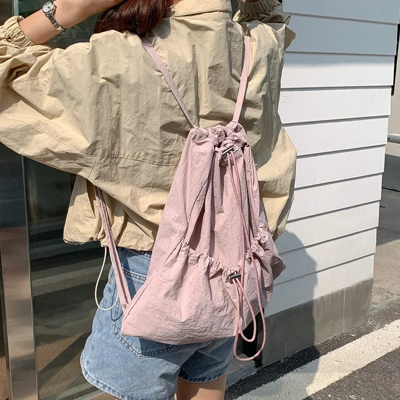 korean Summer Drawstring Women Backpacks Light Soft Nylon Ladies Shoulder Bag Casual Fashion Backpack for Women Travel Mochilas