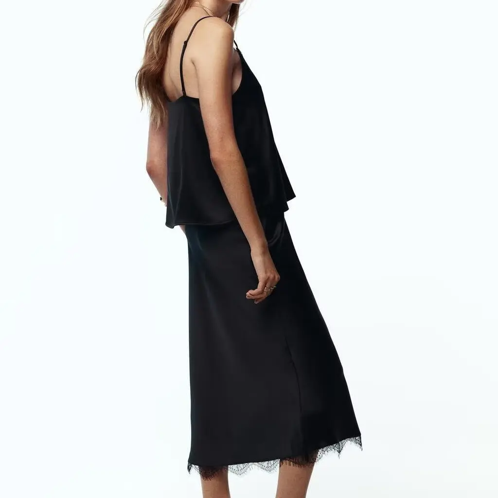 ZBZR Spring New Women's Faion Satin ter Ne Top Lace Trim Sensual Texture Top Women's Premium Faion Set 835049