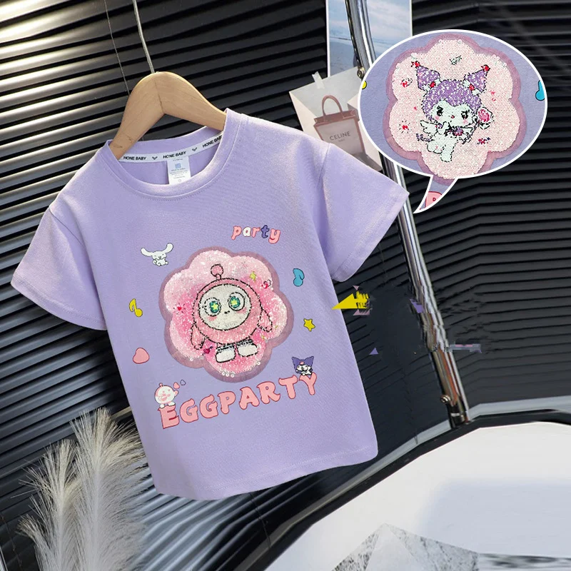 

Children's Clothing T-Shirt Cotton Sequin Kuromi Egg Party Pattern Tee Short Sleeved Casual Outdoor Wear Girls Tee Tops