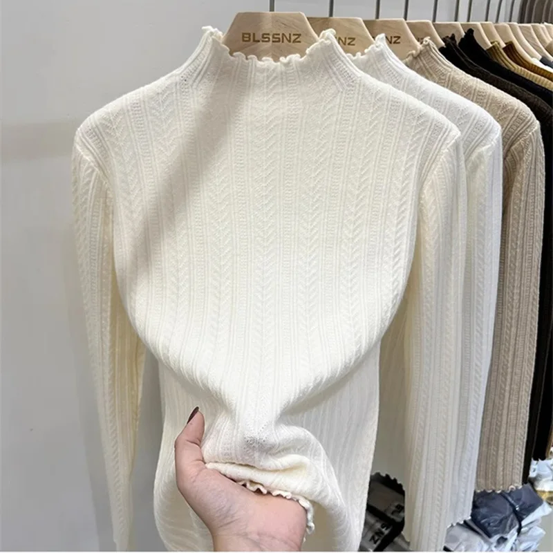 Temperament Casual Style Wooden Ear Edge Women Base Shirt 2024 Autumn Winter Wheat-Ear Sweater Half High Neck With Knit Shirt