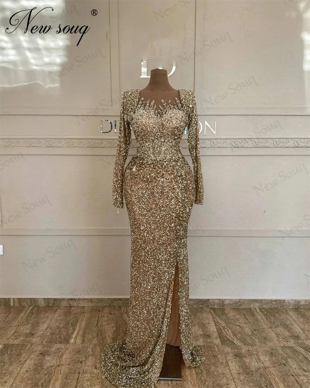 Abendkleider Long Sleeves Evening Dresses Arabic Sequins Beaded Wedding Party Gowns Robes De Soiree Mermaid Engagement Dress