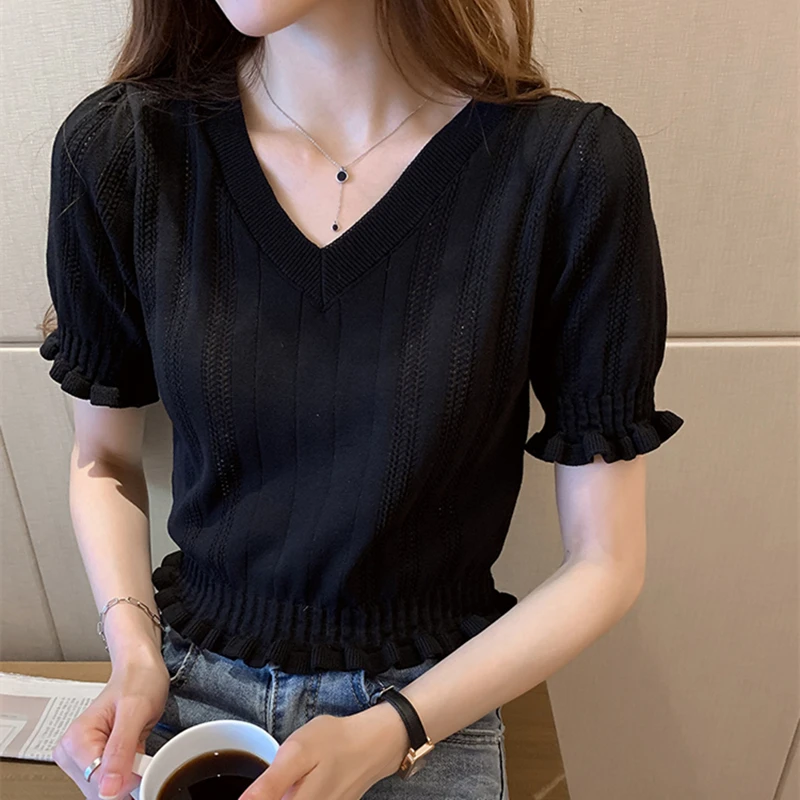 

Frilly Knit Crop Top Short Sleeve V-Neck Sweater Pullovers Tops Summer Women Teen-girl Y2K Aesthetic Outfit