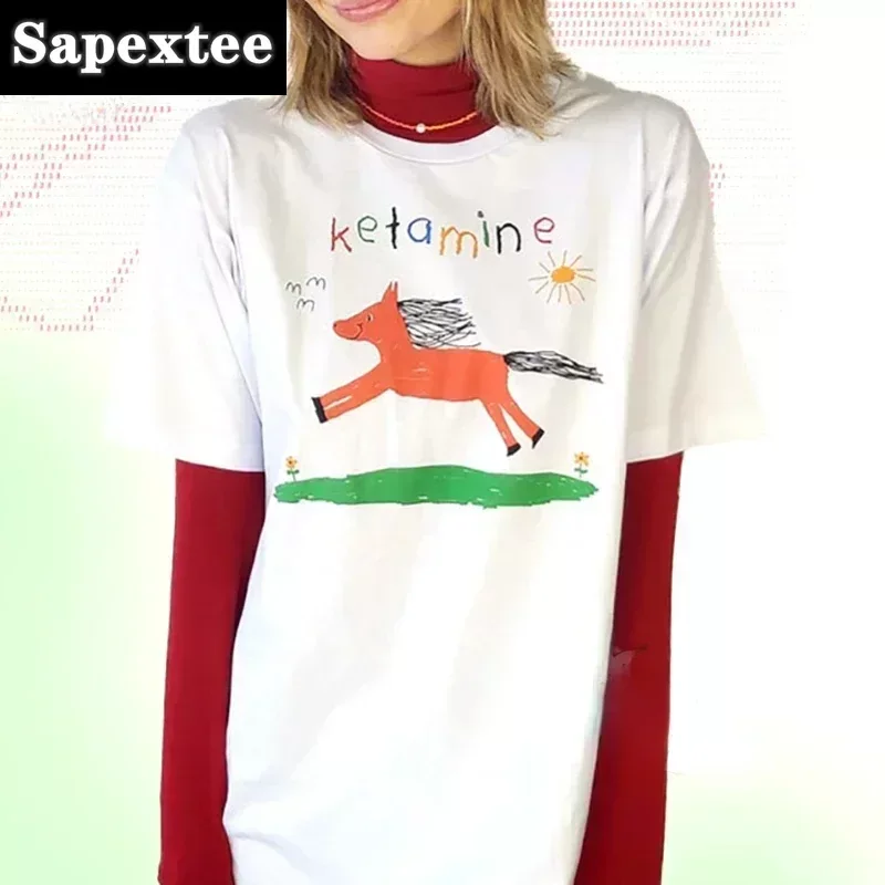 KETAMINE Funny Cartoon T Shirt Horse Anime Graphic Women Men Tees Summer Loose Casual T-shirts Hipster Harajuku Couples Tshirts