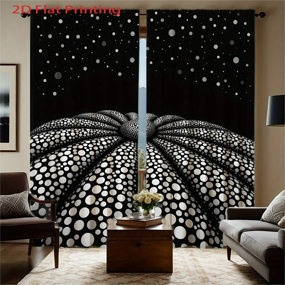 2D Flat, 2pcs Black & White Polka Dot Curtains - Modern Abstract Semi-Sheer Privacy Window Drapes with Flannel-like Fabric (180-