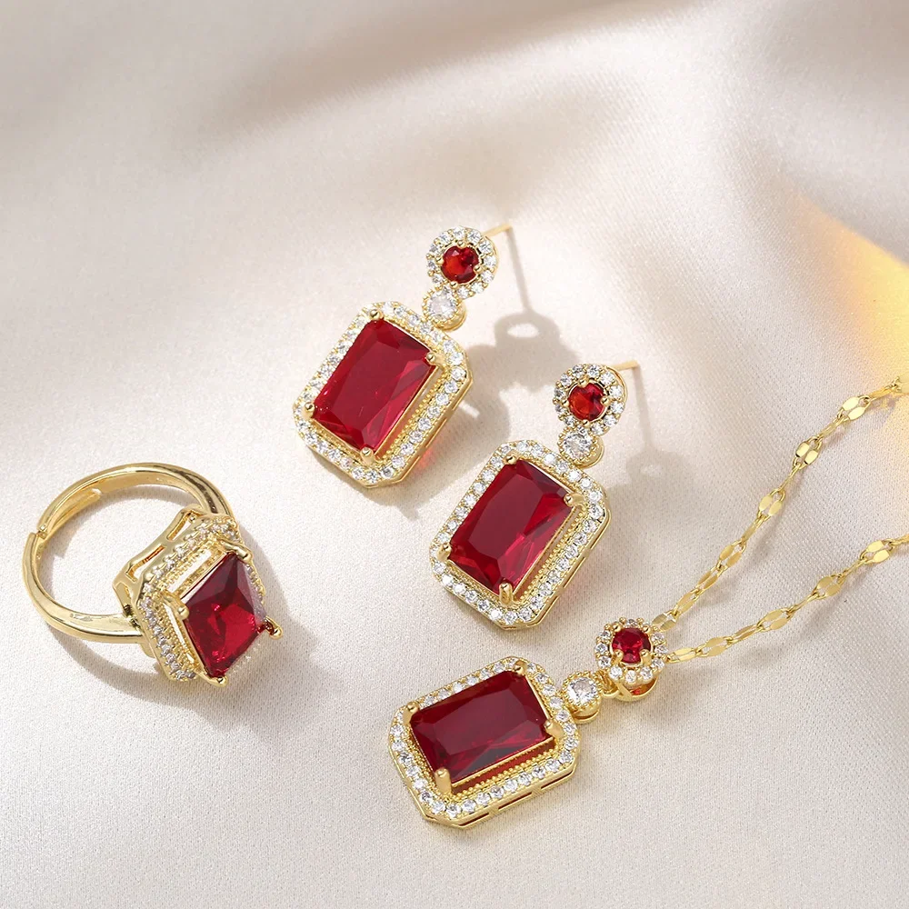 European and American celebrities red crystal tourmaline necklace earrings ring 3piece set elegant bride wedding banquet jewelry