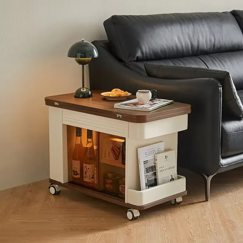 Lin's Home Furnishings ENF Solid Wood Folding Coffee Table Storage Space Rollers Movable Small-Space Sofa Side Table for
